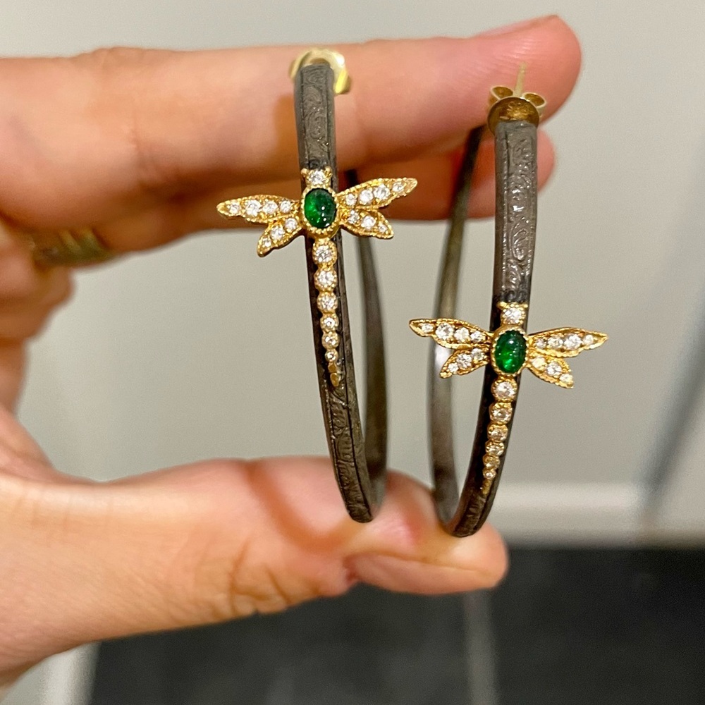 18k & SS dragonfly hoop earrings with diamonds